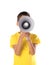 Adorable latin boy weraring a yellow t-shirt with a speaking with a megaphone