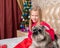 Adorable laughing little girl and a disgruntled miniature schnauzer dog in a home decorated interior