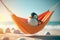 adorable lazy pinguin laying in a panda on an ocean beach enjoying a holiday made with Generative AI. Holiday