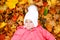 Adorable little baby girl in autumn park on cold october day with oak and maple leaf. Fall foliage. Family outdoor fun