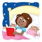 Adorable little black girl reading bedtime story to her funny toys