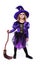 Adorable little blond girl wearing a witch costume smiling at the camera. Halloween. Fairy. Tale. Studio portrait isolated