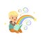 Adorable little boy reading magic book with fairy tales. Cartoon baby character. Children s imagination, rainbow and