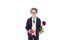 adorable little boy in suit and eyeglasses holding rose flower and heart shaped red gift box