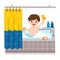 Adorable little boy taking a bath in bathtub with lot of soap lather and rubber duck.