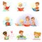 Adorable little boys and girls sitting and reading fairy tales set. Kids fabulous imagination vector illustrations