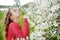 Adorable little girl in blooming apple tree garden on beautiful spring day