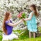 Adorable little girl handing tulips to her mother