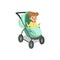 Adorable little girl sitting in an turquoise baby stroller, safety handle transportation of small kids vector