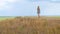 Adorable little girl in vintage dress standing on the hill. Child running in wild grass countryside rural landscape 4K.