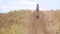 Adorable little girl in vintage dress standing on the hill. Child running in wild grass countryside rural landscape 4K.