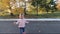 Adorable little girl walk in the park in october. Cute ten month baby walk. Beautiful happy girl. Autumn mood