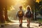 Adorable little pupils in backpacks walking with excitement, heading back to school