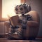 Adorable little synthetic robot, artificial intelligence. AI generative android reading a book