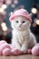 Adorable little white fluffy cat with pink hat wallpaper, animal background, banner with copy space text