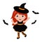 Adorable little witch dancing with bats. Halloween costume. Vector.