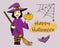 Adorable little witch, happy Halloween banner. A drawn witch girl with a pumpkin in her hand