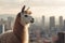 Adorable llama posing with a stunning city skyline in the background. Generative AI