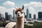 Adorable llama posing with a stunning city skyline in the background. Generative AI