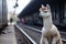Adorable llama at train station waiting for the train. Generative AI
