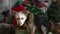 Adorable mixed-breed Morkie dog looking around, standing on pillow among christmas decorations