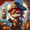 An adorable monkey pirate in the costums, a pirate ship sailing on the sea in the background, cartoon, fantasy realistic