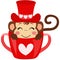 Adorable monkey with red hat inside the red teacup