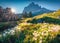 Adorable morning view of western slope of Tre Cime di Lavaredo mpountain peaks