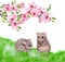 Adorable mouse, rat animals in green grass under spring flowering twig with pink flowers of cherry blossom. Watercolor