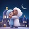 Adorable Muslim Kids Character Hugging and Wishing Each Other with Mosque. Eid Mubarak. Generative AI