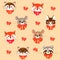 Adorable mustachioed little animals faces: foxes, kittens, mice and raccoons. Cute cartoon print for kid