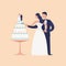 Adorable newlyweds cutting cake with topper isolated on light background. Cute romantic married couple. Bride and groom