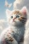 adorable nice cute pink kitten with blue stripes, a long curly tail, playing with a butterfly on white fluffy clouds