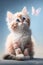 adorable nice cute pink kitten with blue stripes, a long curly tail, playing with a butterfly on white fluffy clouds