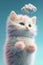 adorable nice cute pink kitten with blue stripes, a long curly tail, playing with a butterfly on white fluffy clouds