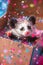 Adorable Opossum Peeking Out from a Cardboard Box Surrounded by Colorful Confetti Celebration