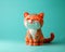 Adorable Orange Tiger Striped Cat Figurine on Blue Background Cute and Playful Animal Sculpture
