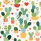 Adorable patchwork cacti and small multi-colored hearts on a white-gray wicker background. Seamless pattern in vector