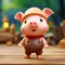 Adorable Pig With Hat Standing On Wooden Table - Maya Rendered Cartoon Character