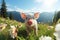 Adorable piglet happily trotting in the serene alpine meadows, surrounded by natures beauty