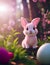 Adorable Pink Easter Bunny With Easter Eggs In A Magical Forest - AI Generated Illustration