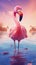 adorable pink flamingo in water in front of a sunset sky, generative ai illustration