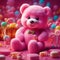 Adorable pink fluffy teddy bear with magical candy land generated by Ai