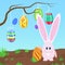 Adorable pink rabbit standing at the tree with Easter eggs vector illustration. Cute pink bunny.