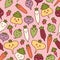 Adorable pink vegetable background. Seamless pattern with vegetarian healthy food. Cute kawaii characters.