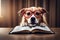 Adorable, playful dog with glasses on a book. Perfect for animal-themed projects photography