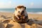 Adorable playful porcupine walking on the sandy beach. generative ai