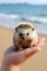 Adorable playful porcupine walking on the sandy beach. generative ai