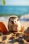 Adorable playful porcupine walking on the sandy beach. generative ai