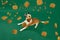 Adorable, playful purebred dog, Beagle running over green background with dog's food falling down, eating